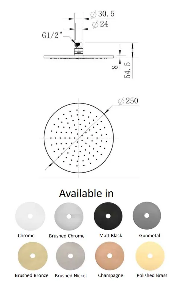 Brass Shower Head Round 250Mm Electroplated
Brushed Chrome thumbnail 2
