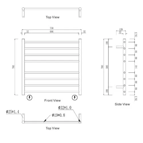 Mirage 8 Bar Wide Heated Towel Rail
750Mm X 700Mm Brushed Chrome thumbnail 2