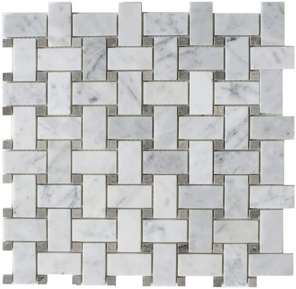 Basketweave Carrara + Cinderella Grey Dot Chip Size 25x48x7mm Sheet Size 305x305x7mm