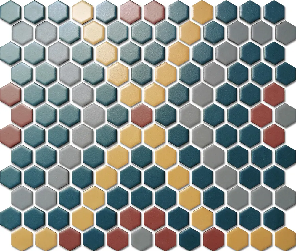 Custom-Made Mixed Colours Glazed Hexagons PGHS-0097M Chip Size 23x26x4mm Sheet Size 260x300mm