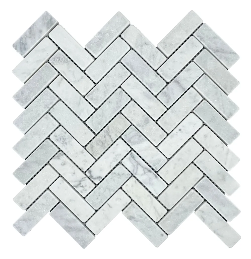 Herringbone Carrara Tumbled Chip Size 75x25x10mm Sheet Size 325x305mm
