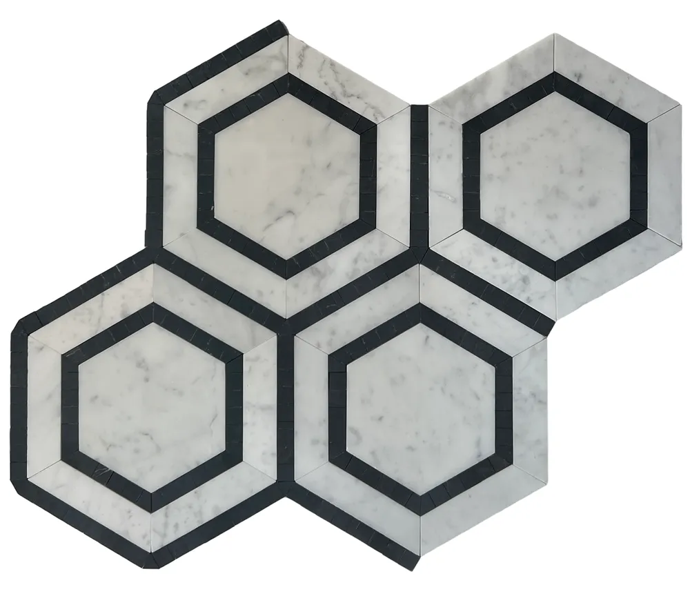 Hexagon Carrara + Nero Border Honed Sheet Size 315x275x10mm