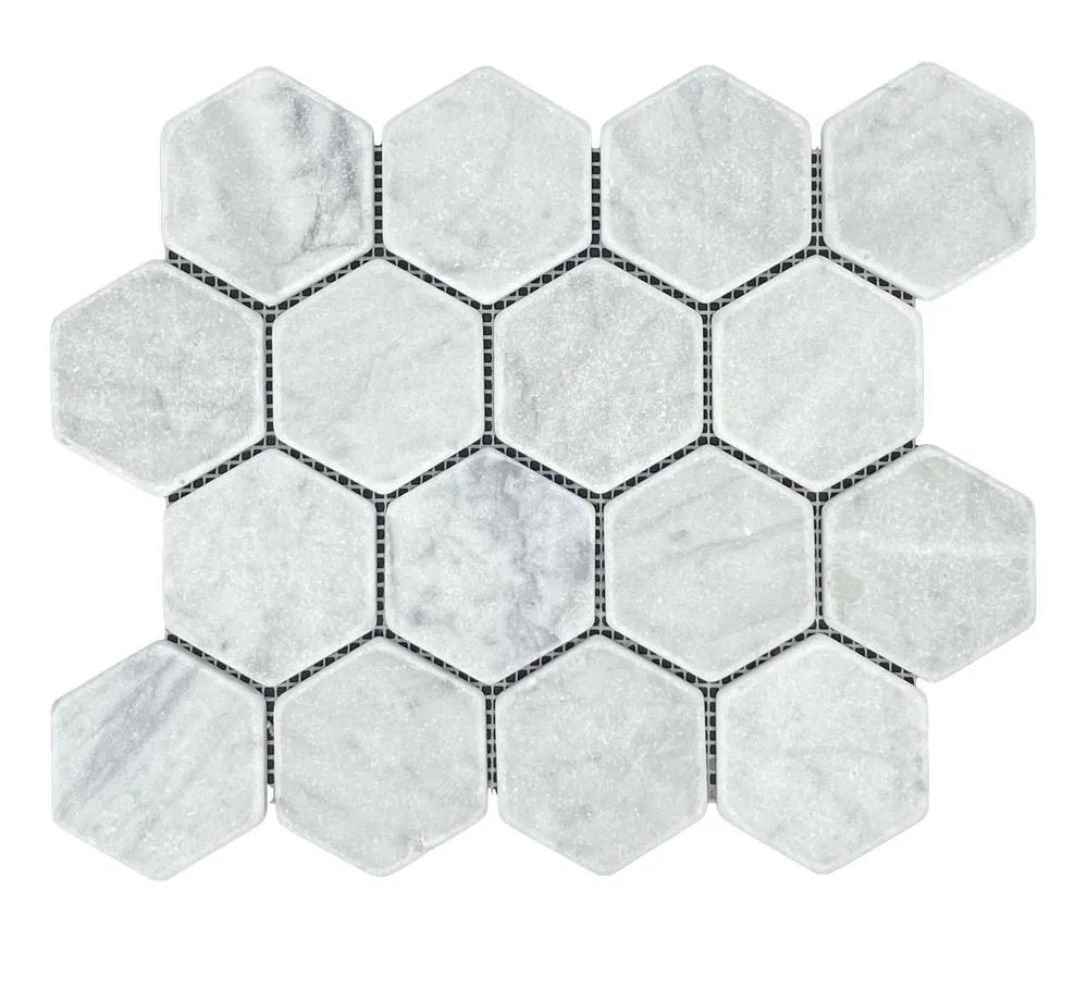 Hexagon Carrara Tumbled Chip Size 70x80mm Sheet Size 289x250mm
