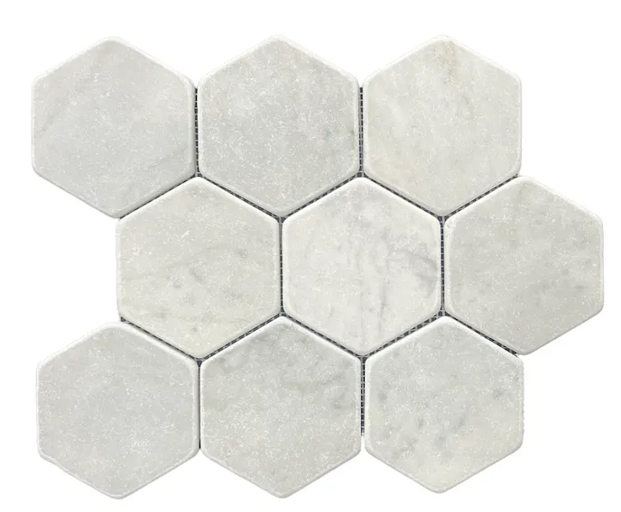 Hexagon Carrara Tumbled Chip Size 98mm Sheet Size 298x258x10mm