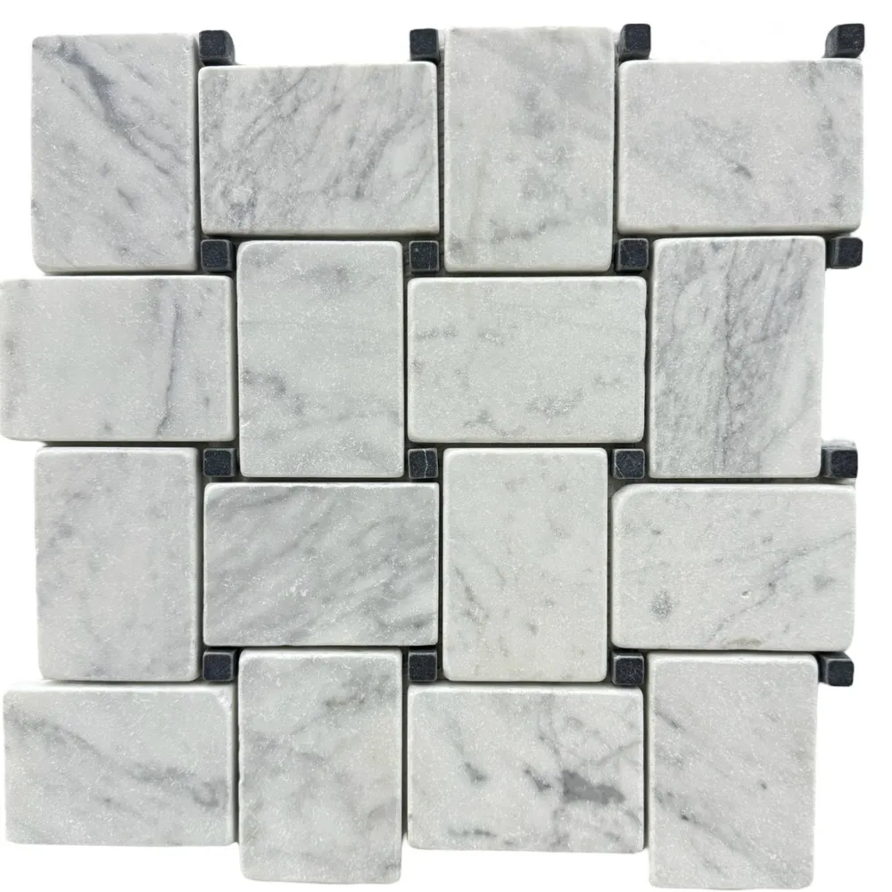 Jumbo Basketweave Carrara Tumbled + Nero Dot Chip Size 56x80x10mm Sheet Size: 278x278mm