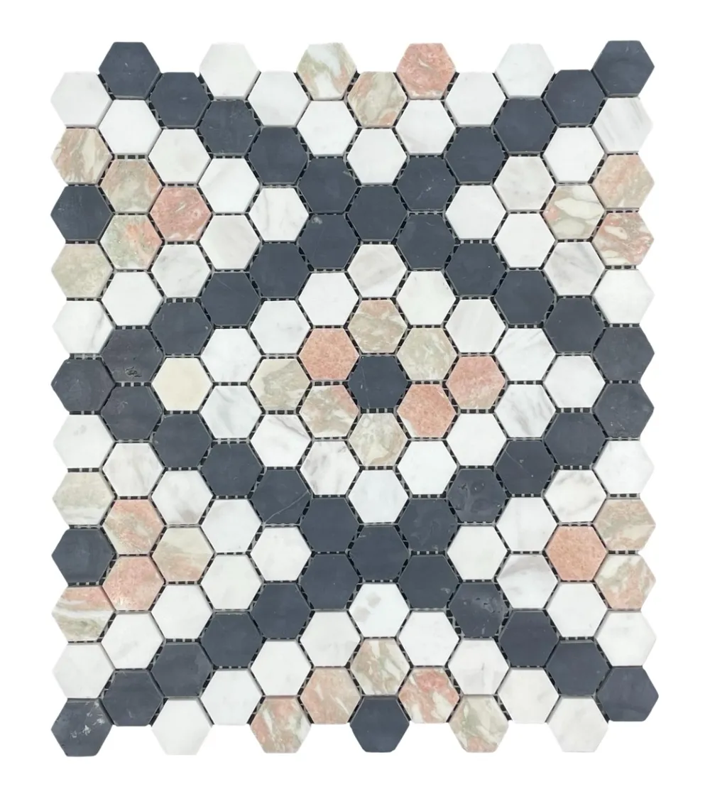 Mix Hexagon Nero, Volakas, Norvegian Red Honed Chip Size 25x25x7mm Sheet Size 317x274mm
